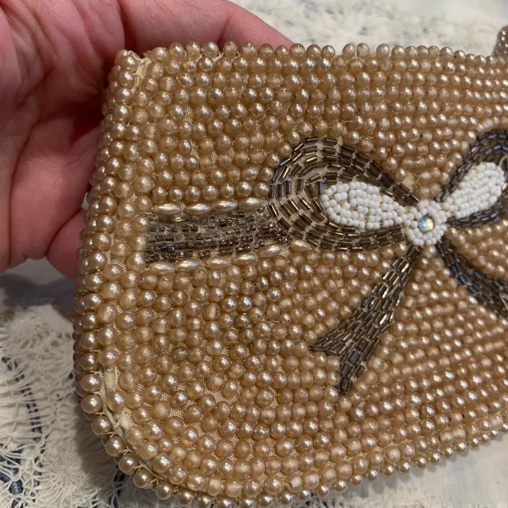 Vintage Pearl-Embellished Tan Clutch